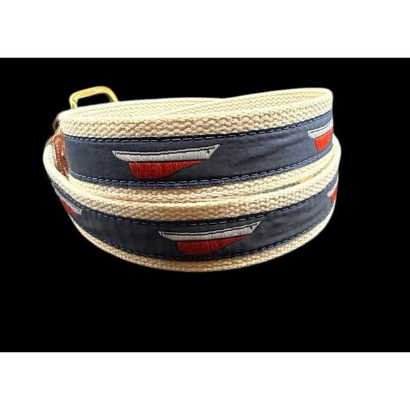 Leather Man Ltd. Belt Mens Size 42 Navy Leather Brass Buckle Woven Sailboat - Picture 4 of 16